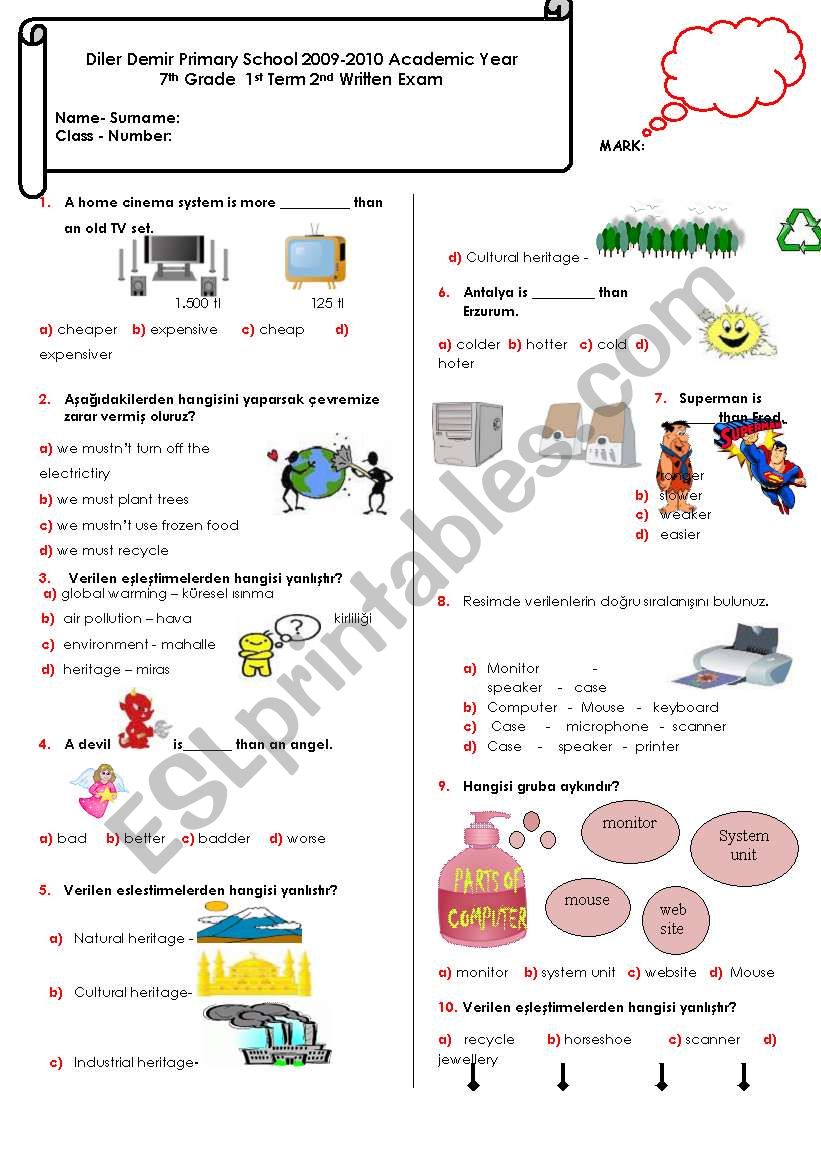 7th Grade 2. Exam worksheet