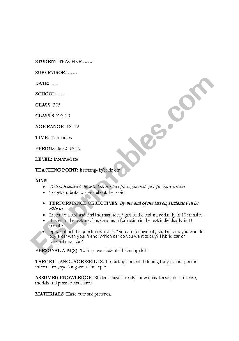 listening lesson plan worksheet