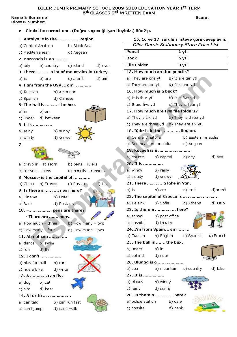 5th Grade 2. Exam worksheet