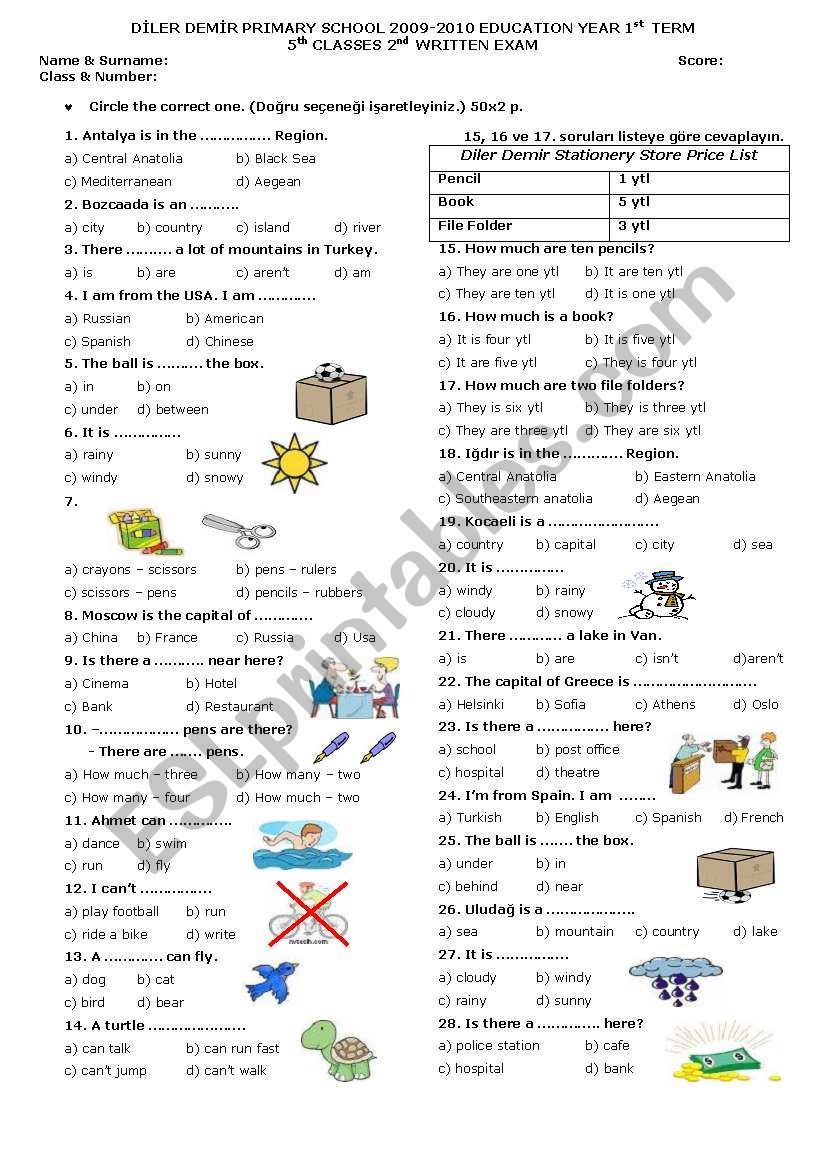 5th Grade 2. Exam worksheet