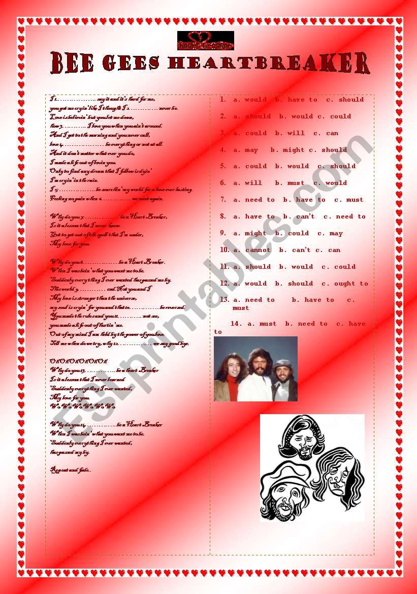 Bee Gees Heartbreaker lyrics worksheet