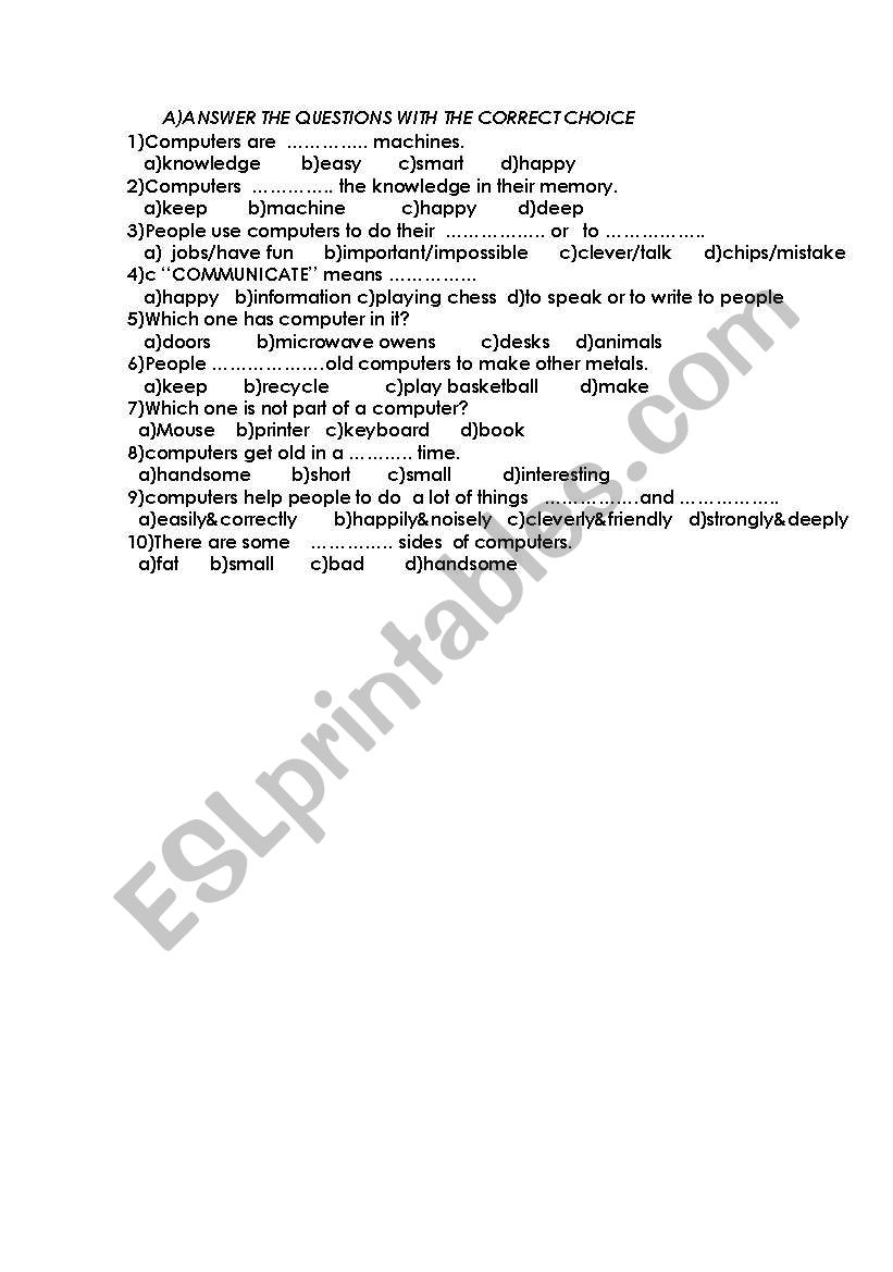 questions about computers worksheet