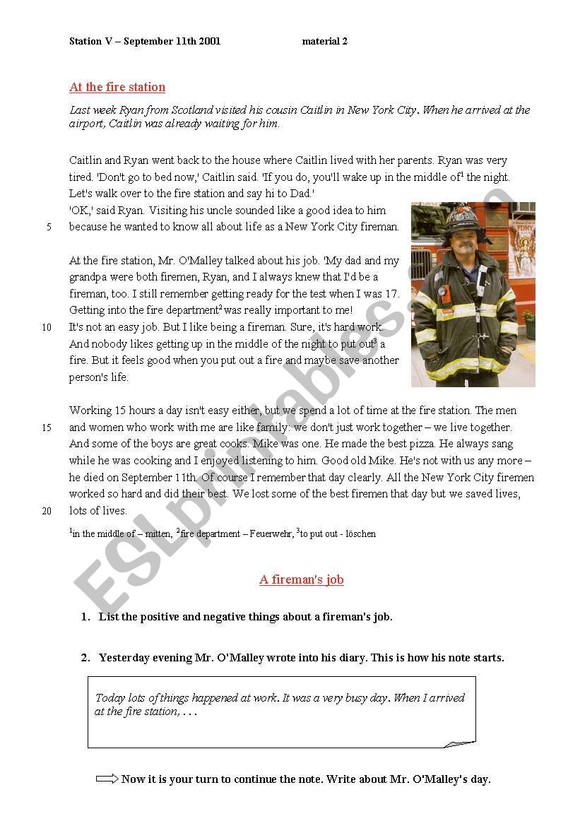 NYC - a firemans job worksheet