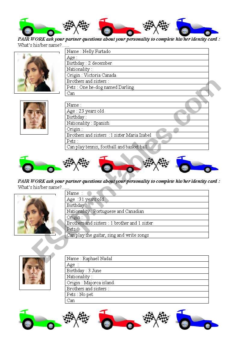 Pair work : gap-filling activity on biographies