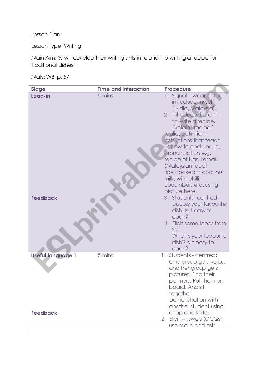 Lesson Plan on writing a recipe