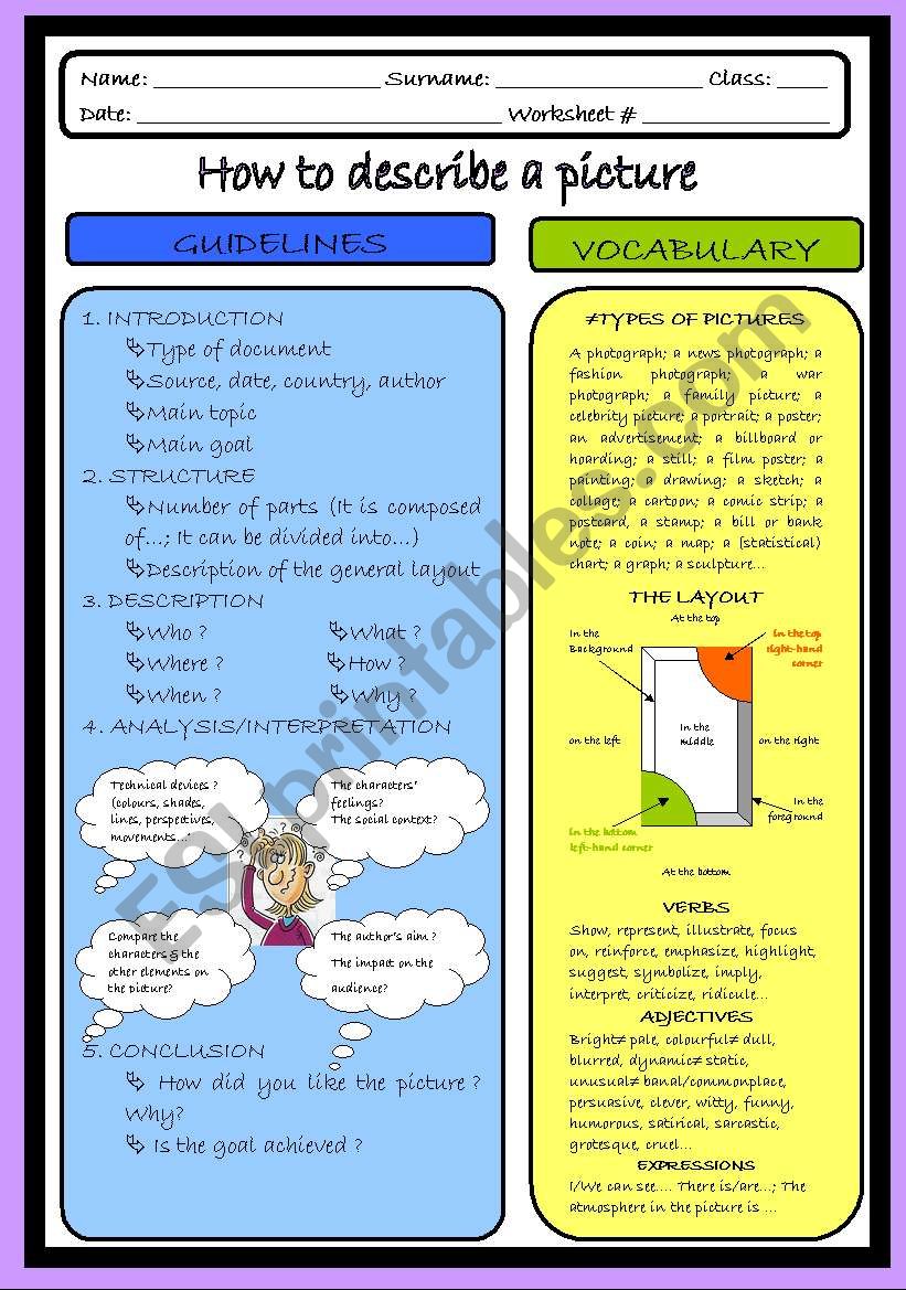 How to describe a picture worksheet 1/2