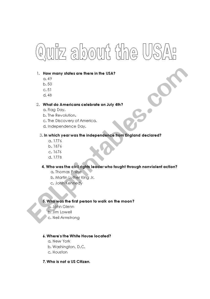 Quiz about USA worksheet