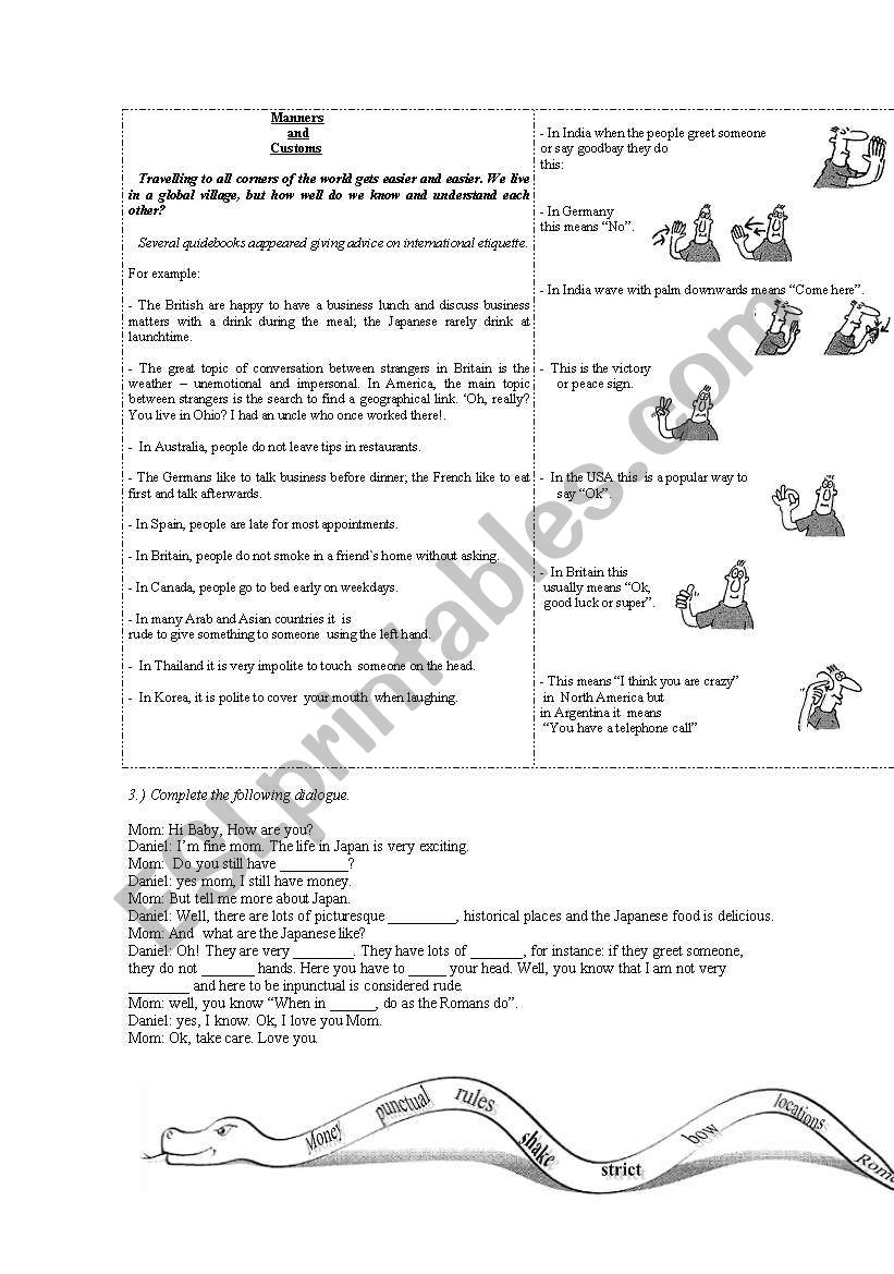 Manners and Customs 2 worksheet