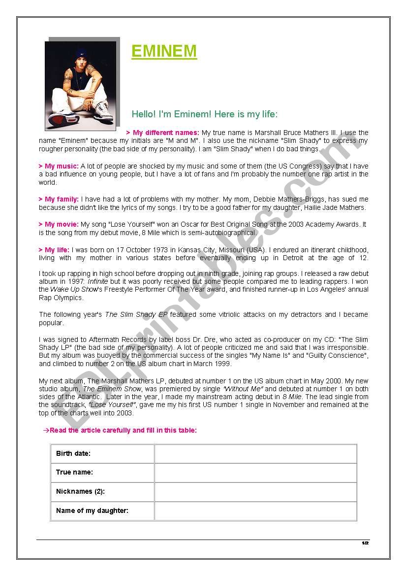 Reading comprehension worksheet