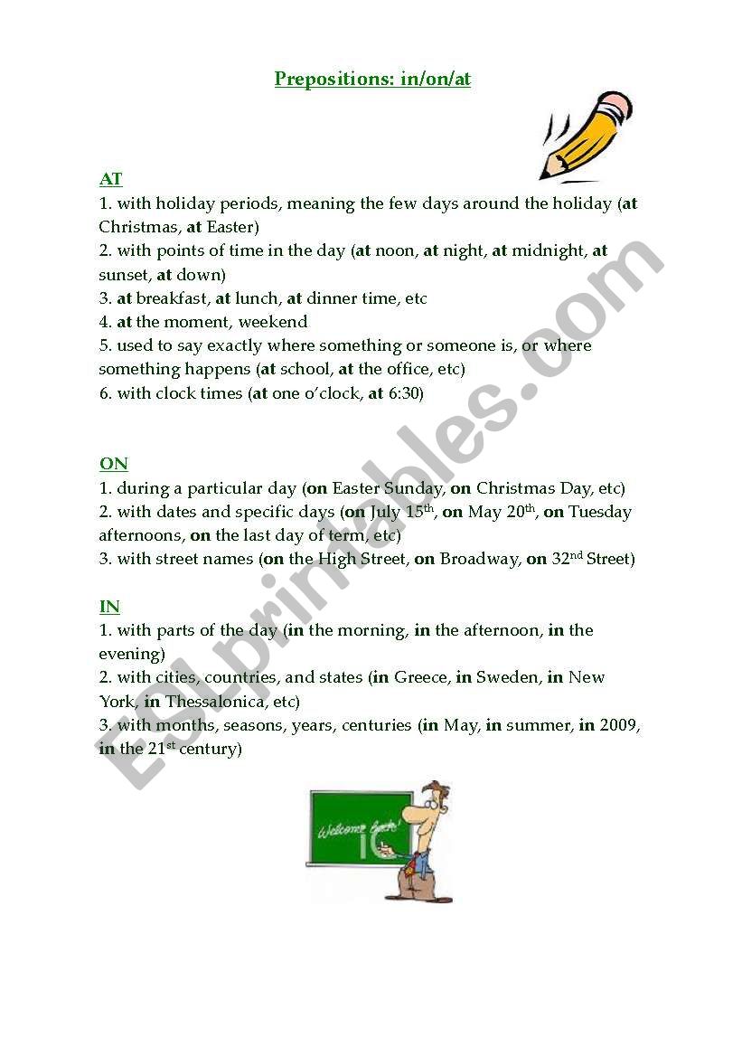 Prepositions: in,on,at worksheet