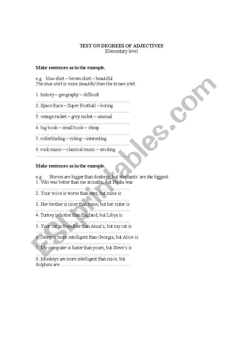 Degrees of adjectives worksheet