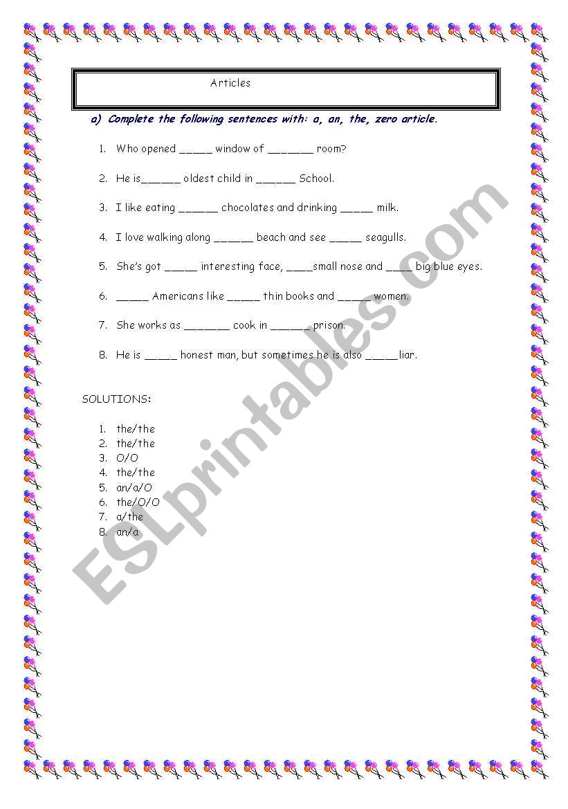 articles worksheet