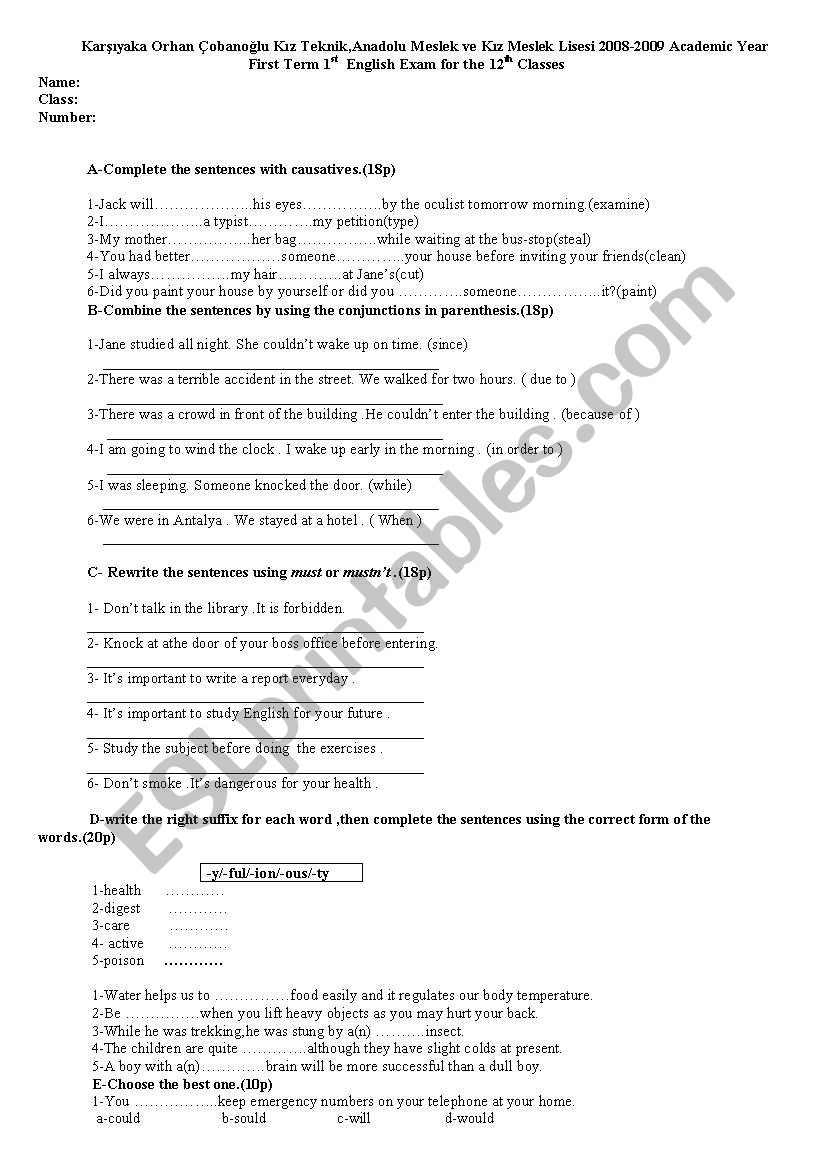 exam worksheet