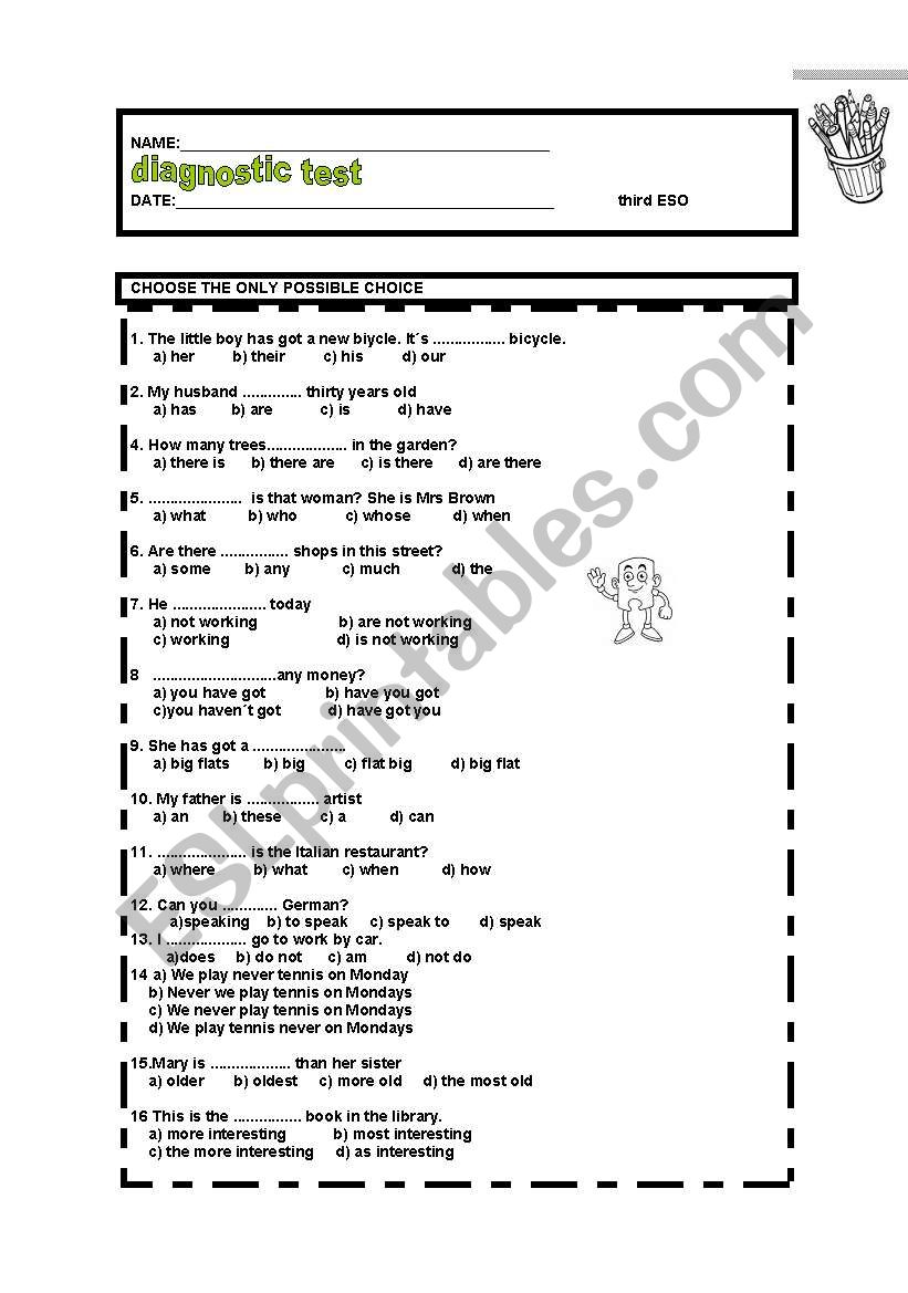 diagnostic test for 3rd ESO worksheet