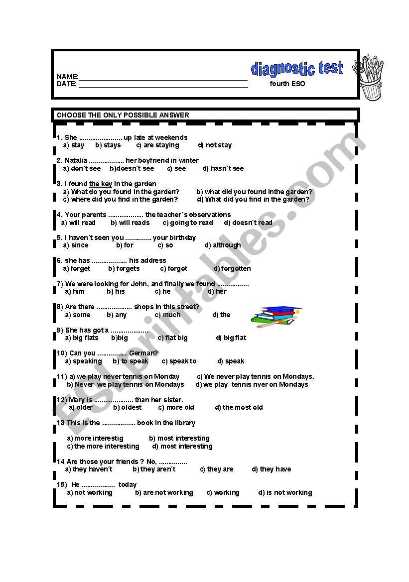 diagnostic test for 4th ESO worksheet