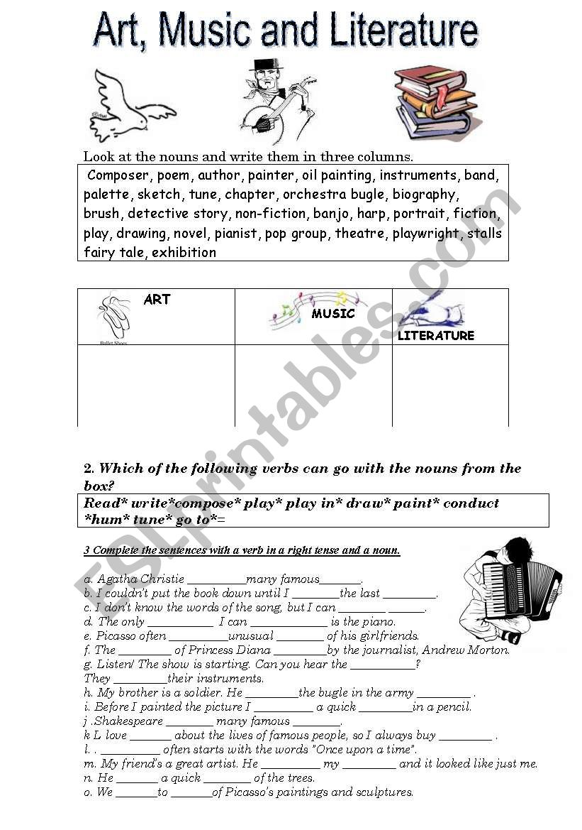 Art, Music, Literature - ESL worksheet by savvinka