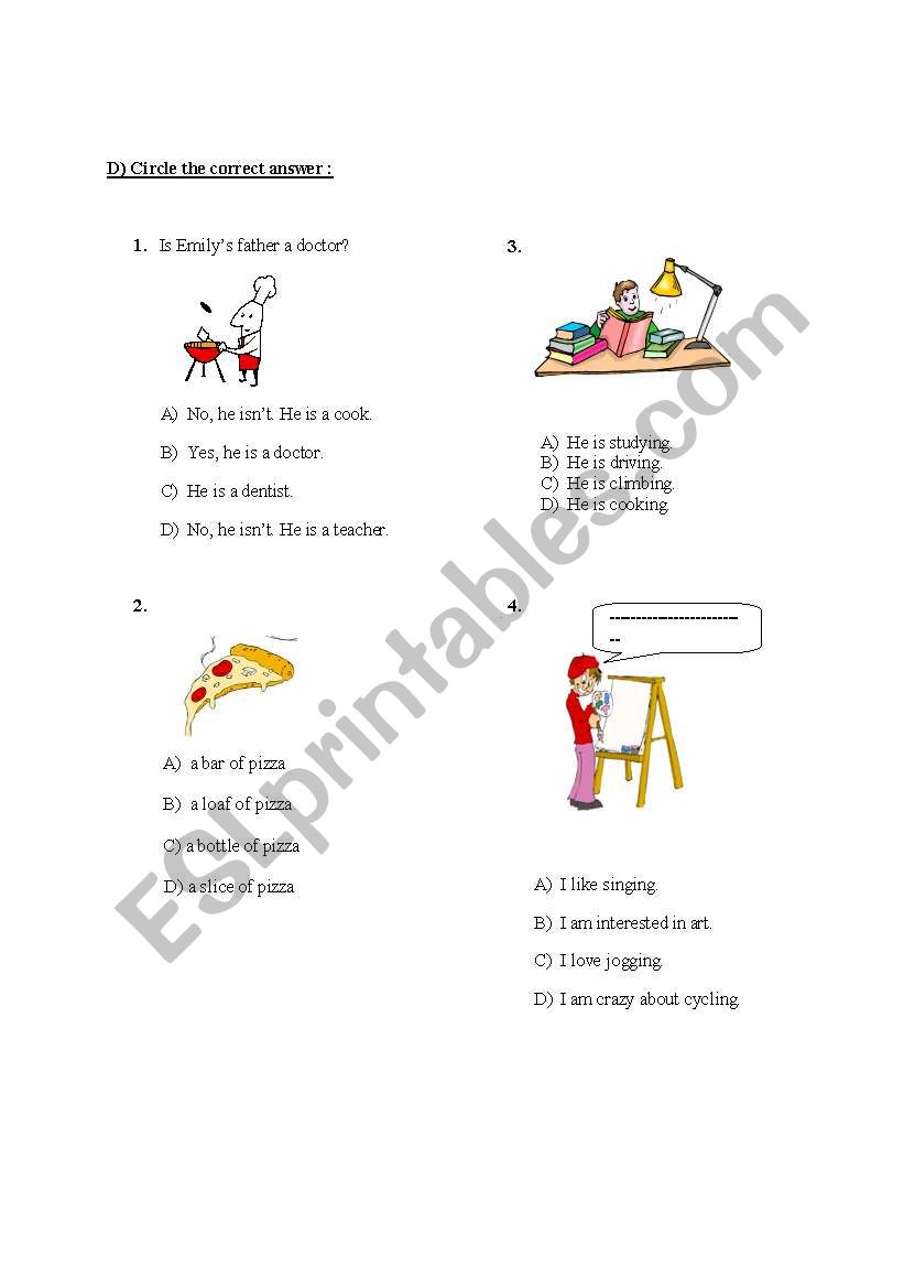 Multiple choice worksheet hobbies, physical appearances, food