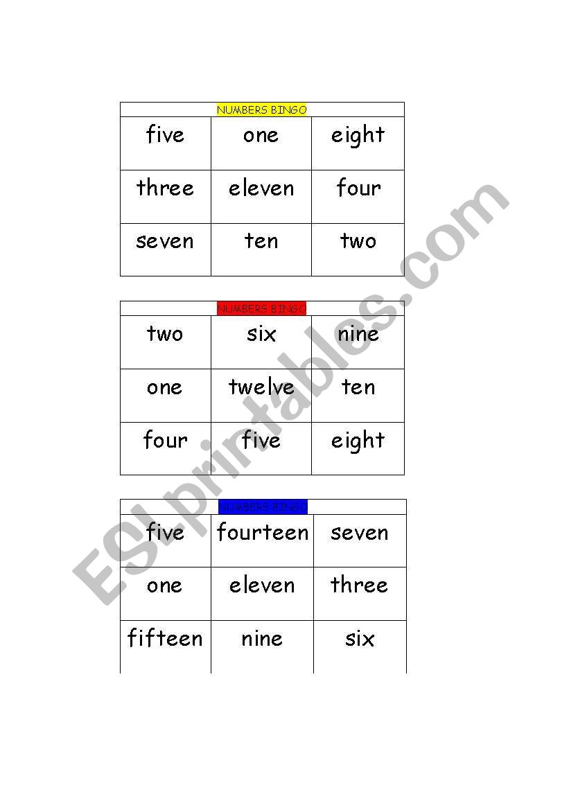 Numbers bingo worksheet