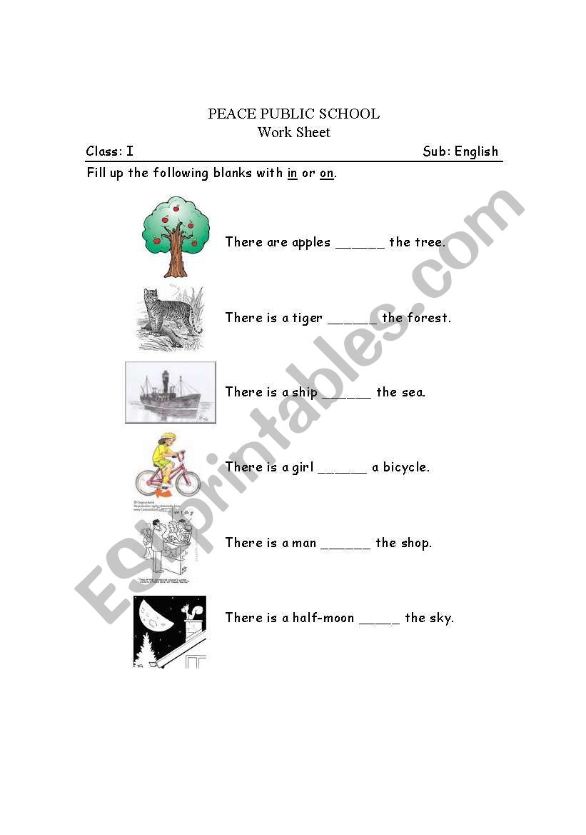 prepositions in and on worksheet