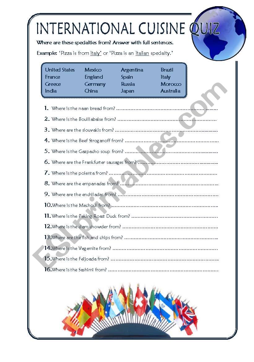 International Cuisine Quiz worksheet