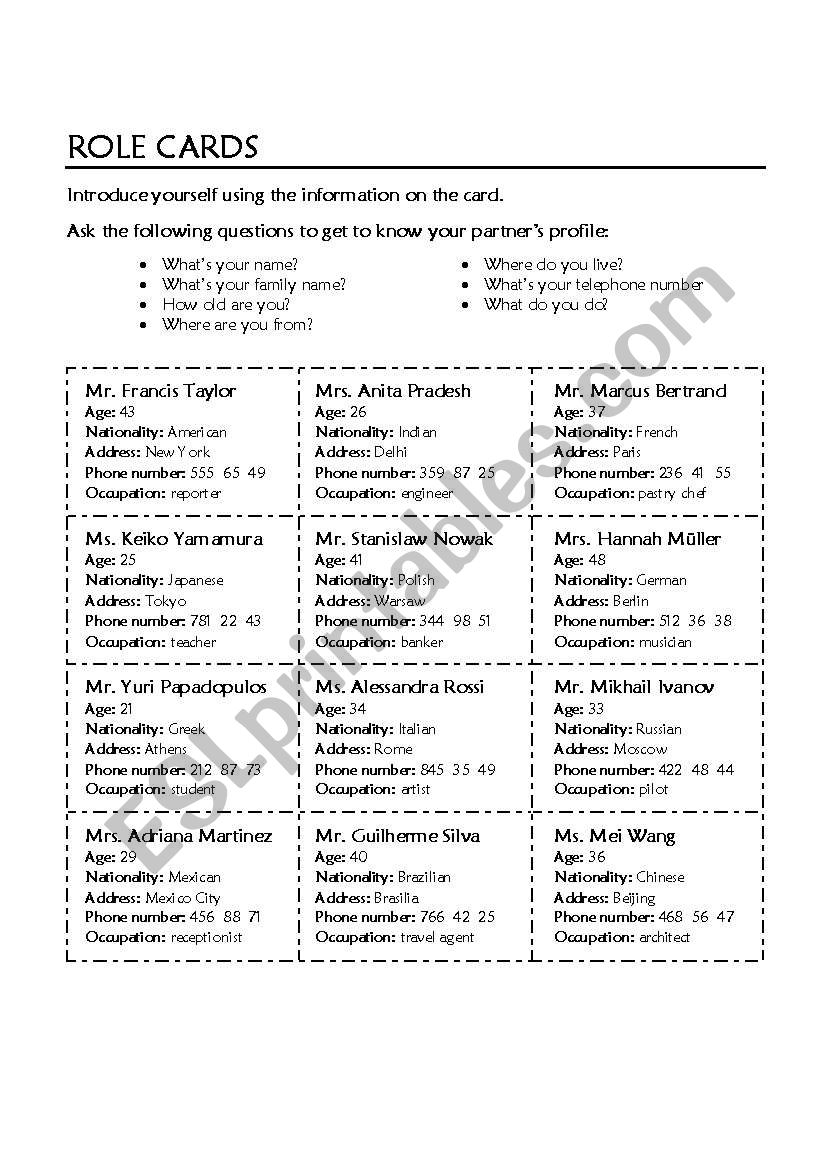 Role Cards worksheet