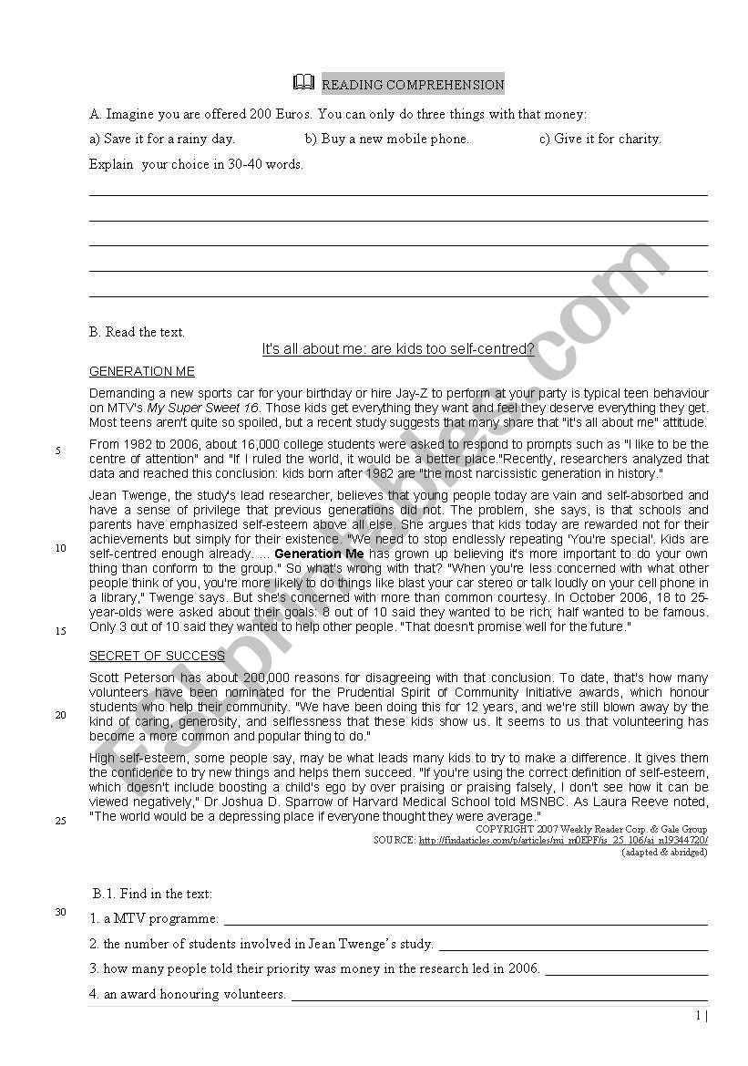 reading comprehension test Generation Me (TeensÂ´ world)