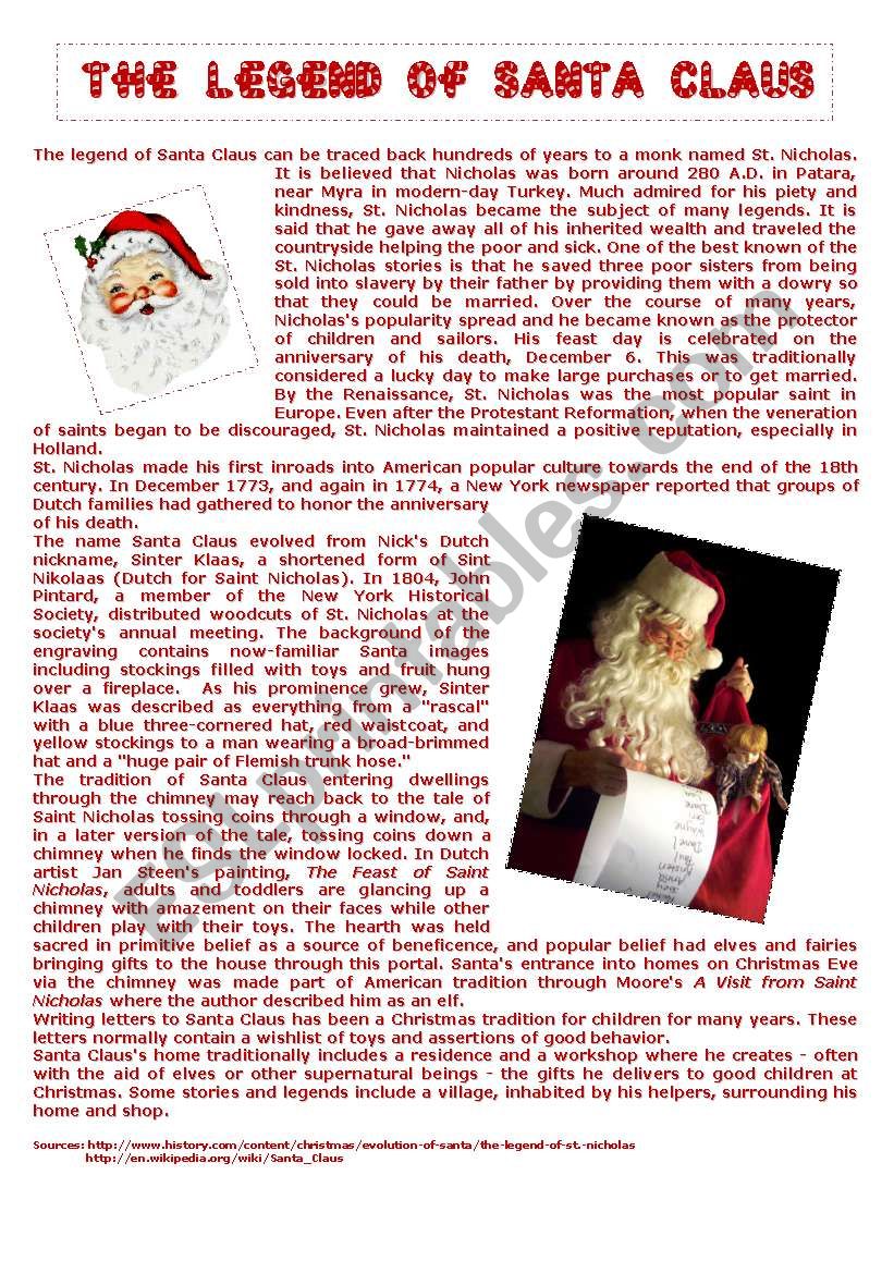 The legend of Santa Claus worksheet