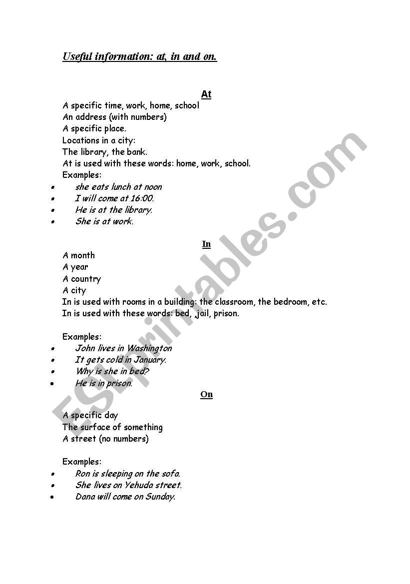 at in on worksheet