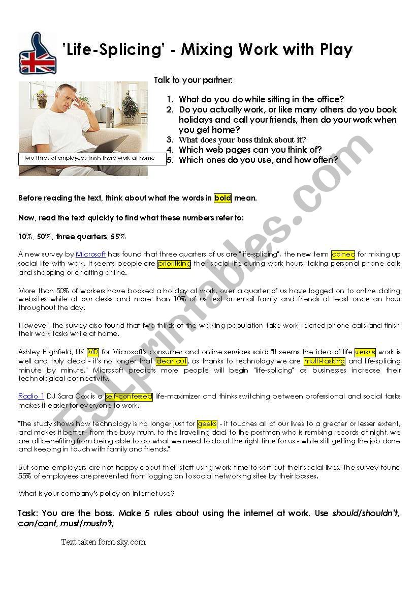 internet at work worksheet