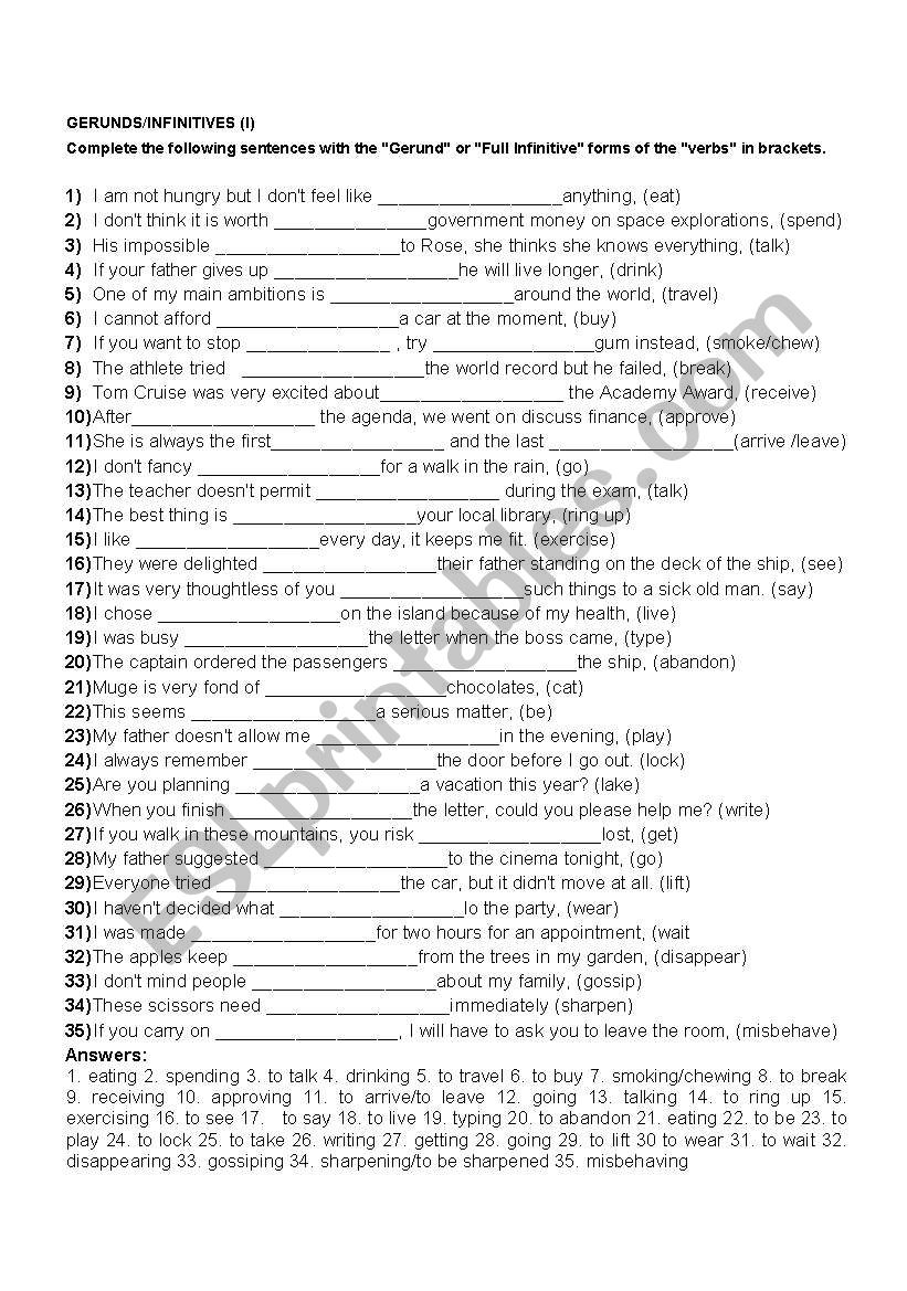 Gerund worksheet 2 worksheet