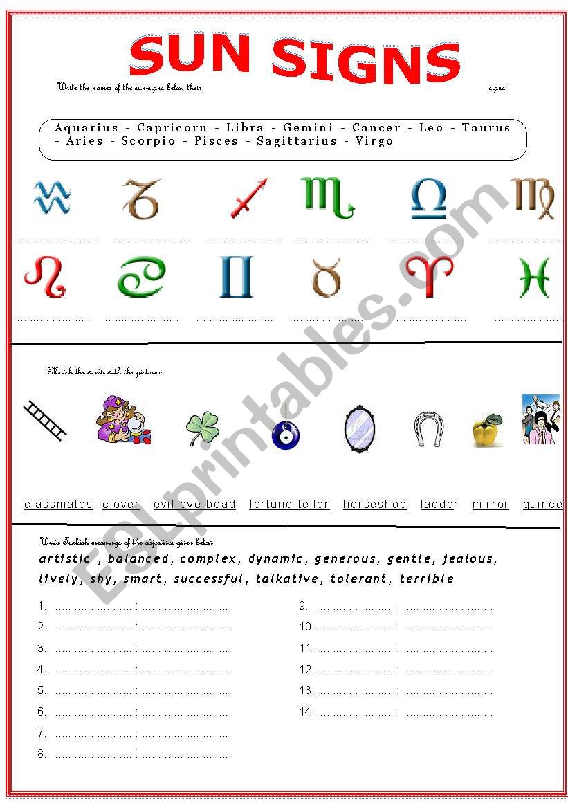 sun signs worksheet