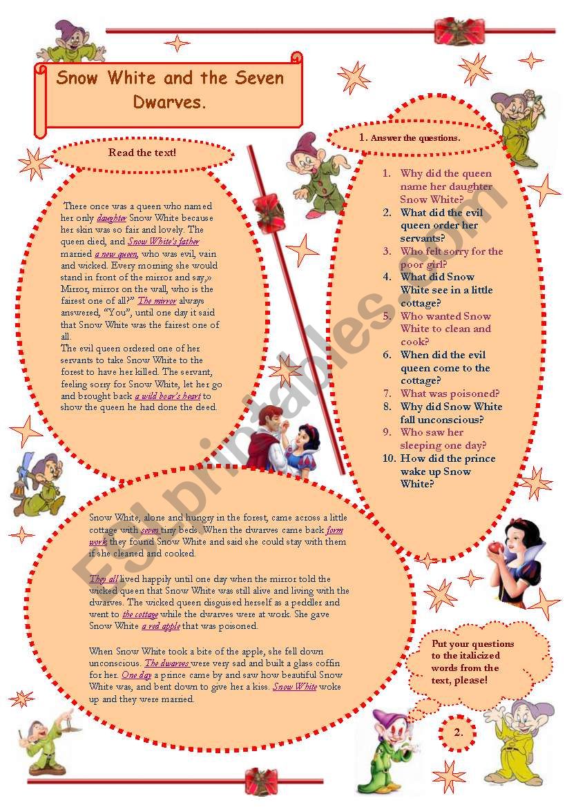 Snow White and the Seven Dwarves - adapted for easy reading + 2 different types of  exercises.