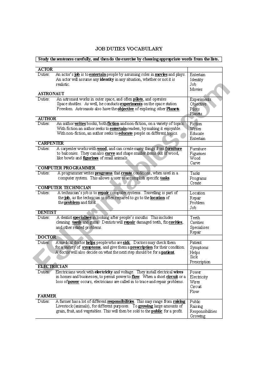 Job duties vocabulary: Answer key