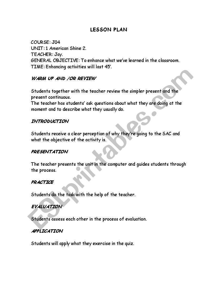 Sample lesson Plan worksheet