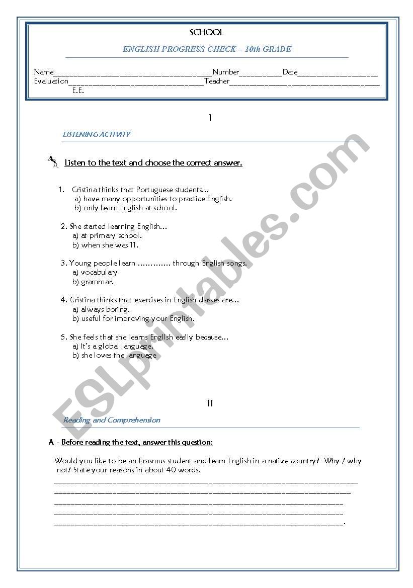 TEST & LISTENING TASK worksheet