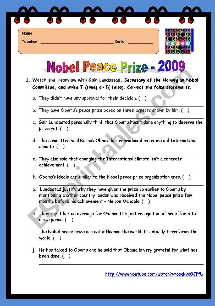 Nobel Peace Prize - 2009  worksheet