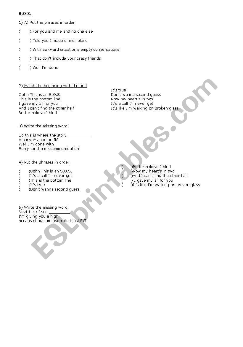 SOS song worksheet