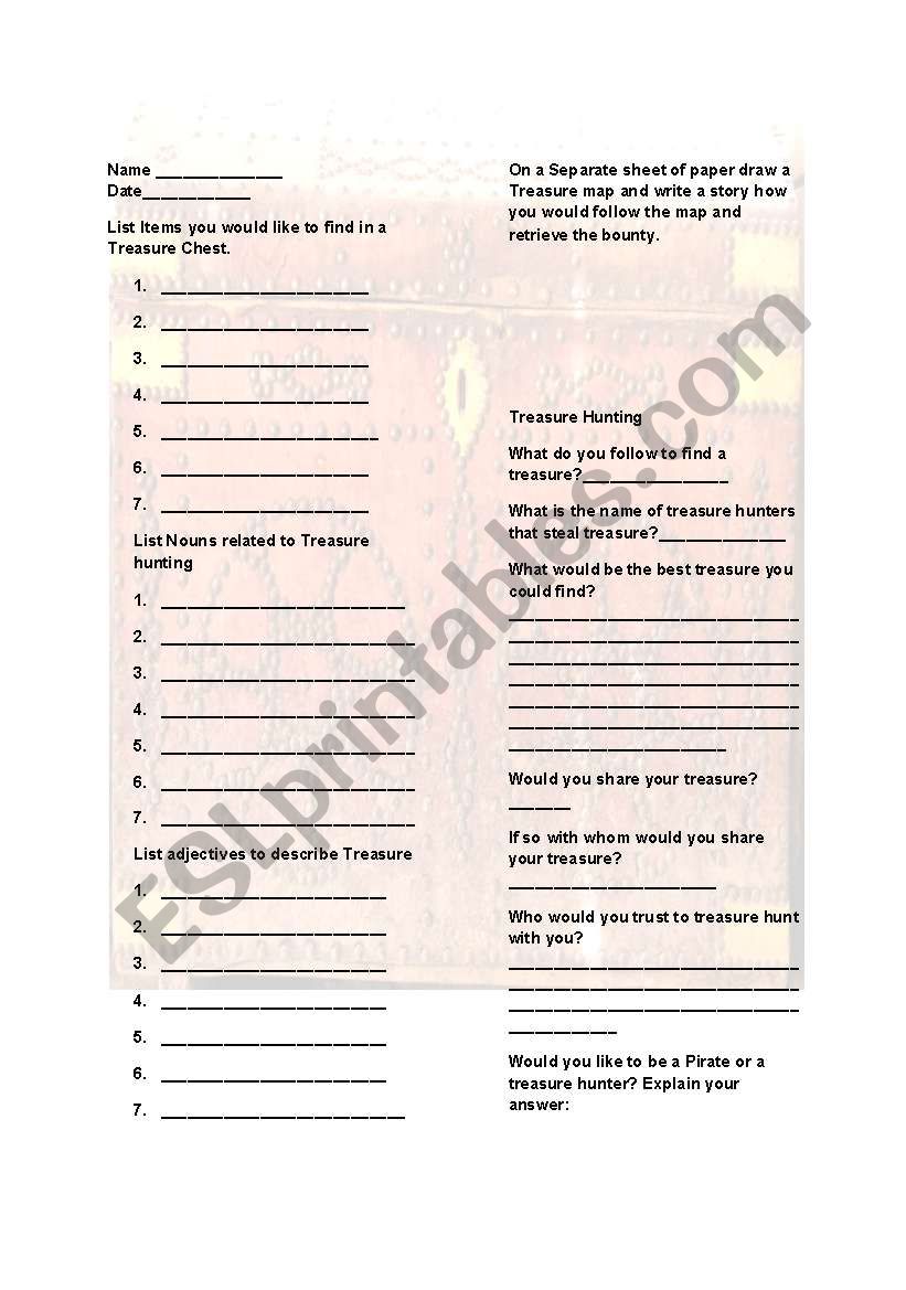 Treasure hunter and Pirates parts of speech and writing activity