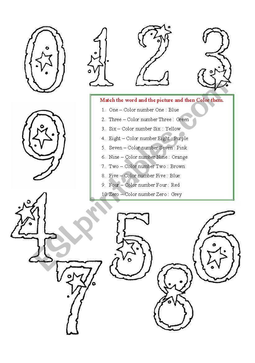 Number star - Zero to Nine - Matching and Coloring