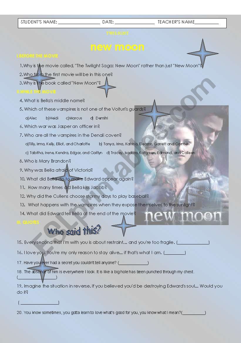 TWILIGHT-NEW MOON worksheet