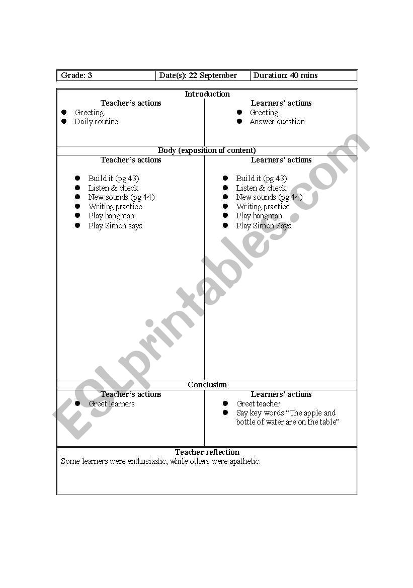 Grade 3  lesson worksheet