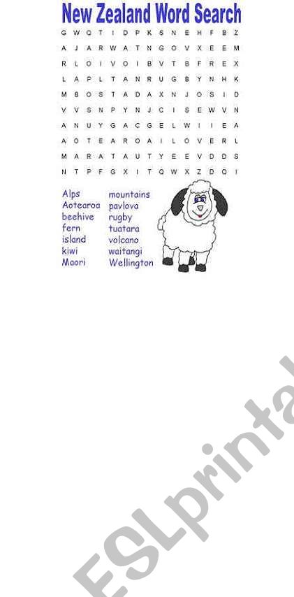 New Zealand word search worksheet
