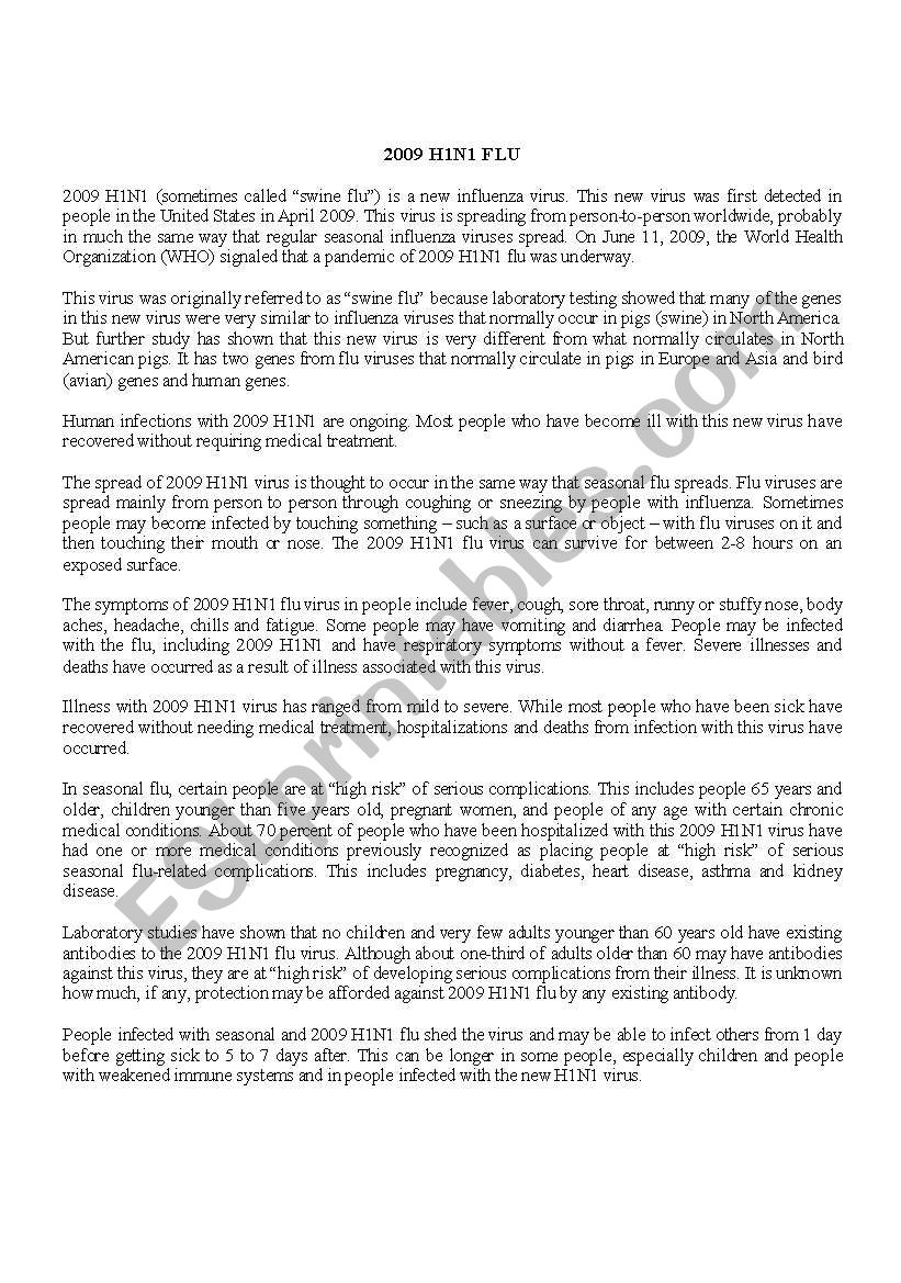 H1N1 Reading Text worksheet
