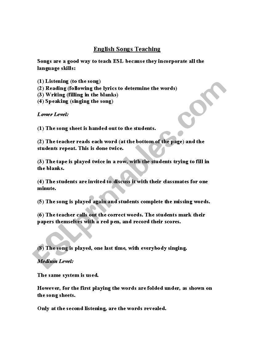 How To Teach English Songs ESL Worksheet By Eldarabkli