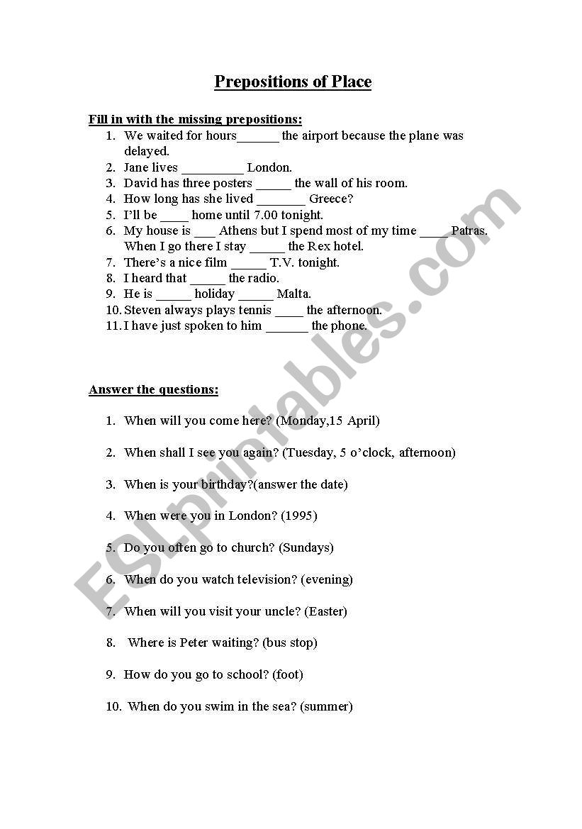 PREPOSITIONS OF PLACE worksheet