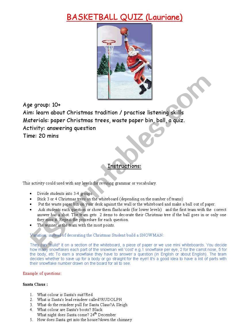 CHRISTMAS BASKETBALL QUIZ worksheet