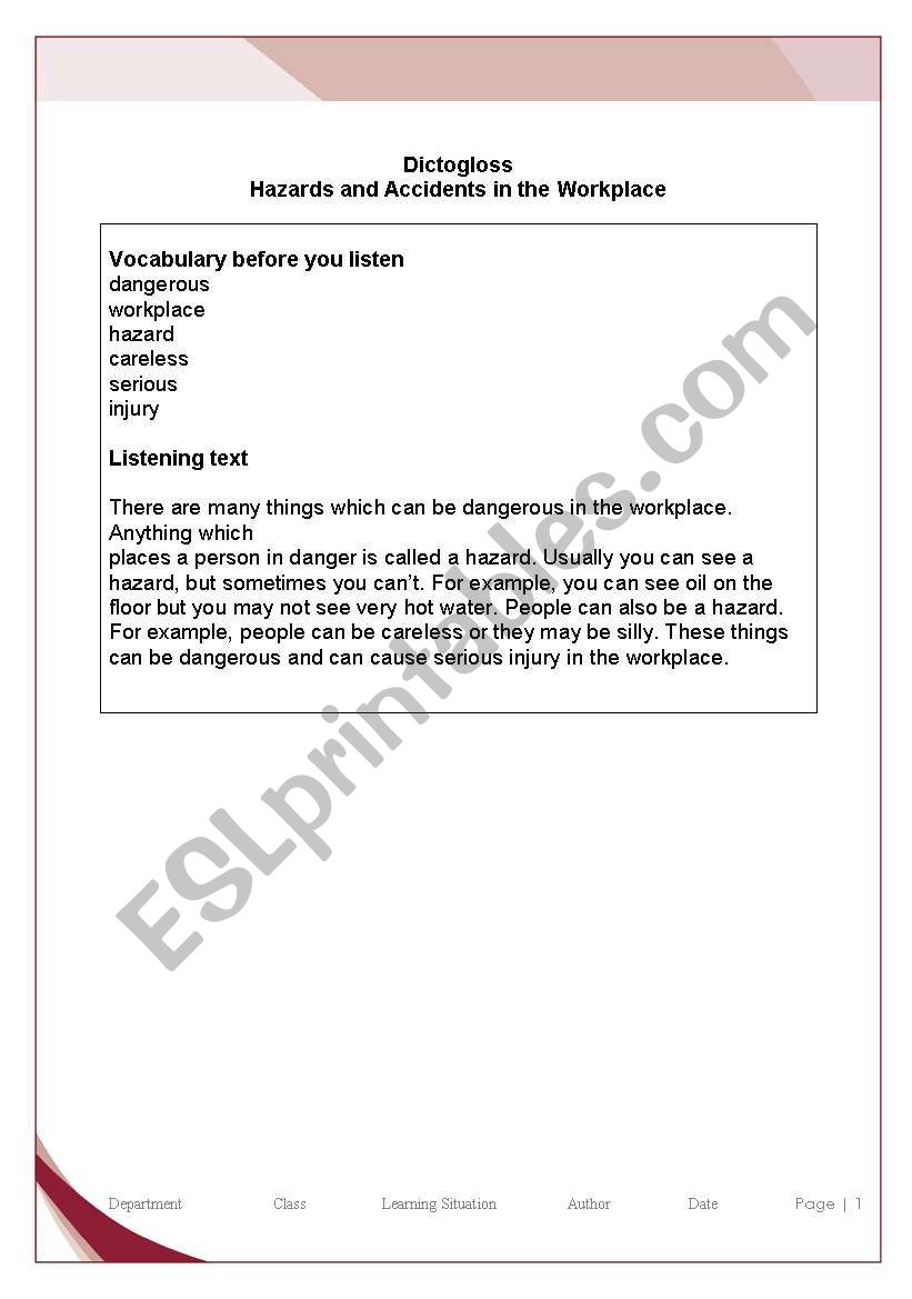 Work Dictogloss worksheet