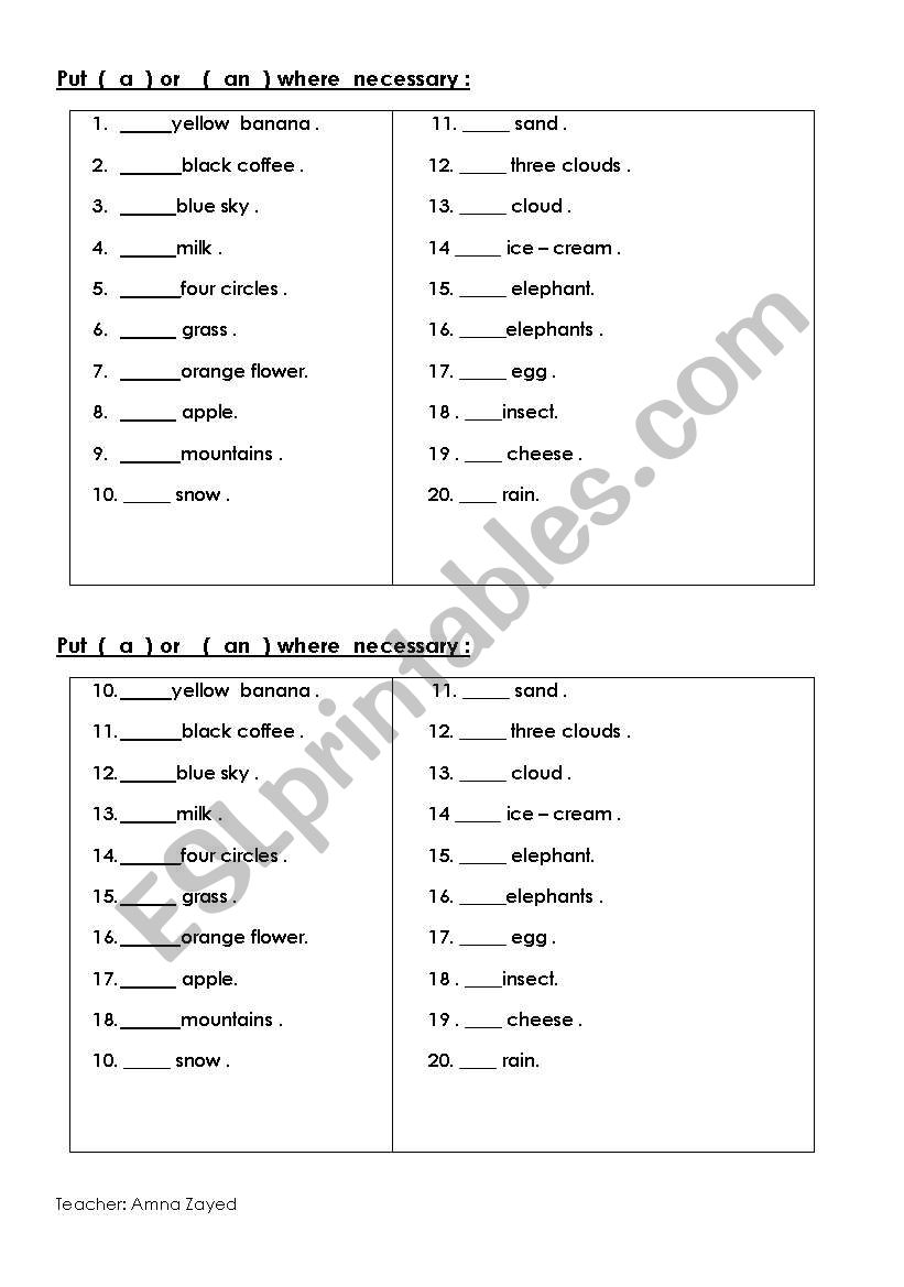 using a or an worksheet