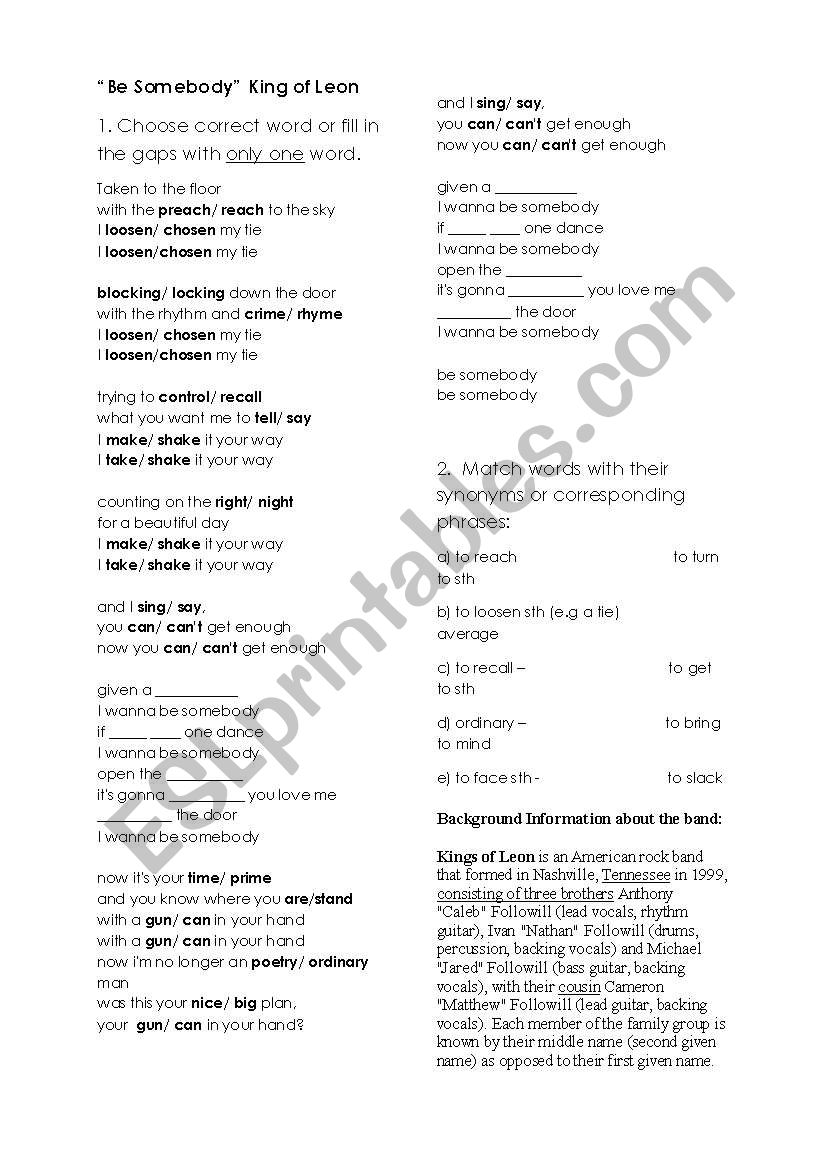 Song: Kings of Leon worksheet