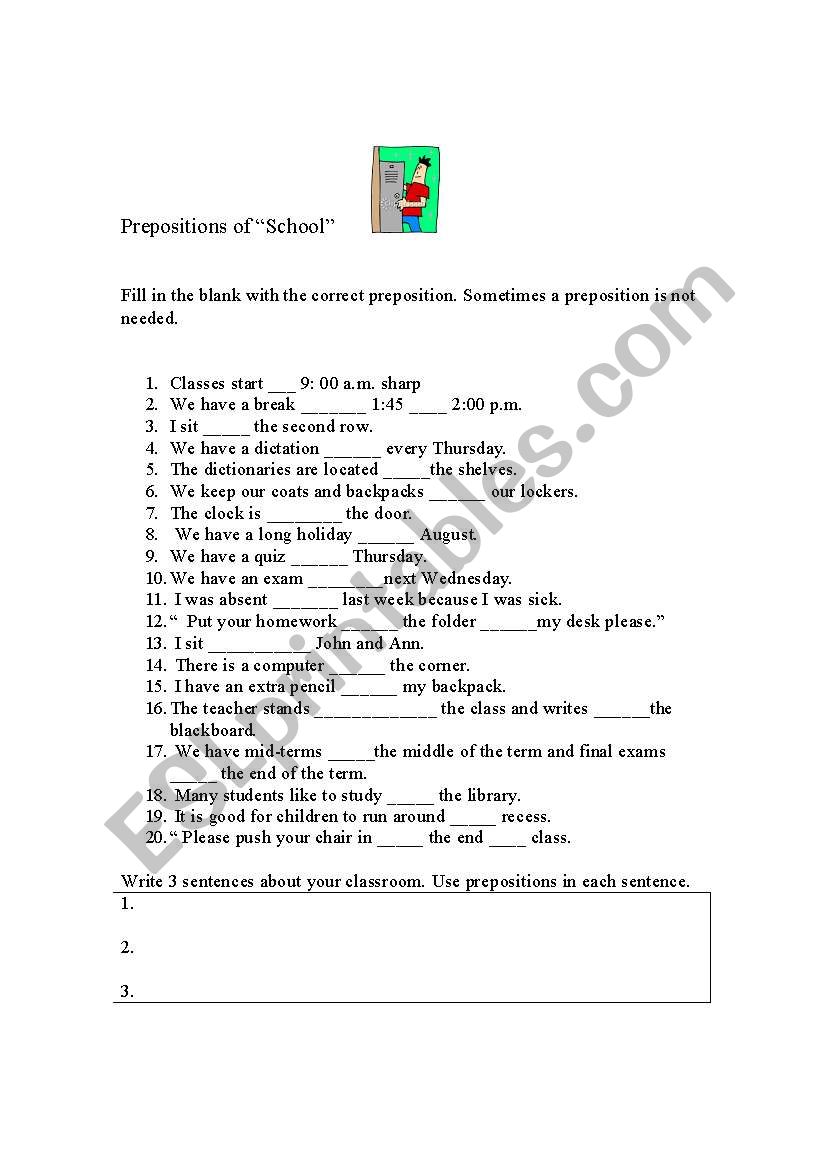 Prepositions of School worksheet